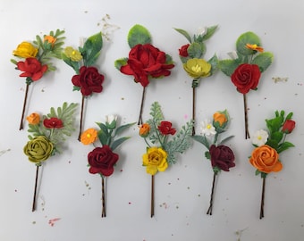 Red flower hair pins, Fall flower hair clips, bridal hair pins, floral hair piece, bobby pins with flowers, yellow wedding hair clips