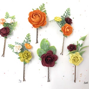 Fall Flower Hair Pins, Orange Burgundy Mustard Floral Bobby Pins, Autumn Bridal Hair Accessories, Wedding Hair Clips, Bridesmaid Hair Pins