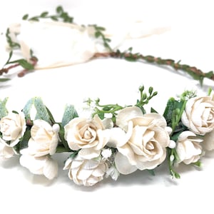 White flower crown, boho wedding flower headpiece, flower girl crown, greenery floral hair crown, artificial floral headband