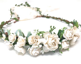 Corona de flores de marfil y blanco, tocado de flores de boda boho, corona de niña de flores, corona de pelo floral verde, diadema floral artificial