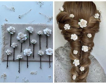 12pcs Bridal Hair Pieces White Wedding Flower Hair Accessories for Braids Floral Hair Clips Wedding Flower Rose Bobby Pins Braid Hairpins