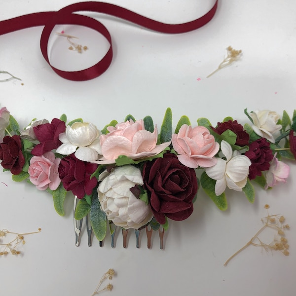 Floral hair comb burgundy, flower hair piece, groom boutonniere, wedding flower crown, bridal headpiece, wedding comb, flower head wear