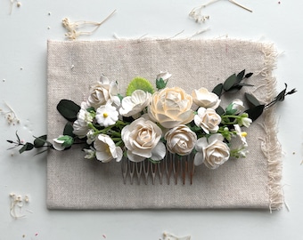 Peigne à cheveux de mariée, fleur blanche, coiffure de mariage, morceau de cheveux à fleurs, épingles à cheveux roses, faux casque, peigne à cheveux décoratif pour accessoires de mariée