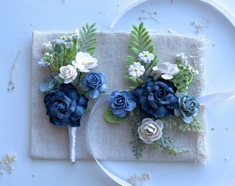 Prom Corsage and Boutonniere Set Indigo Blue Flower Wrist Corsage Boutonniere for Men Floral Bridesmaids Corsage Groomsmen Boutonniere