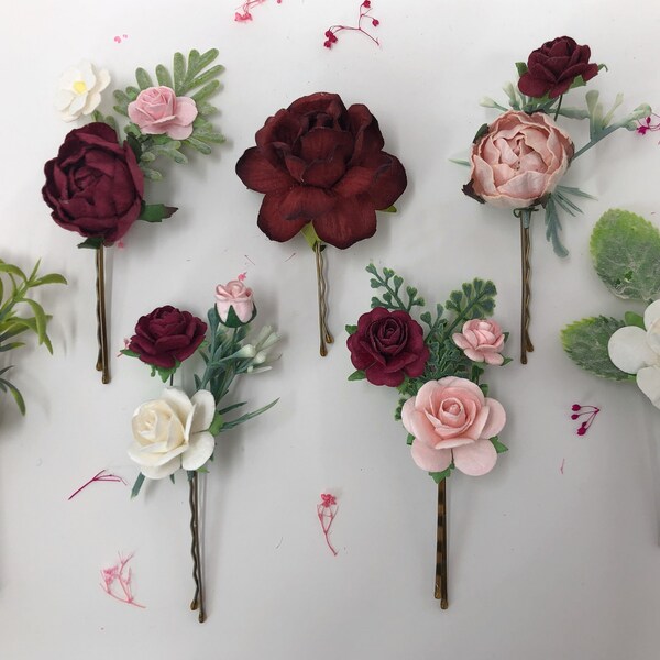 Wedding hair accessories, flower hair piece, burgundy hair pins, floral hair clips, rose bobby pin, fall flower hairpins, bridal hair clips,