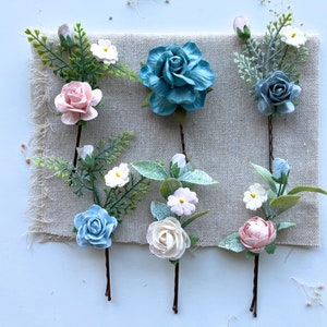 Blue & Pink Flower Hair Pins: Wedding Hair Accessories