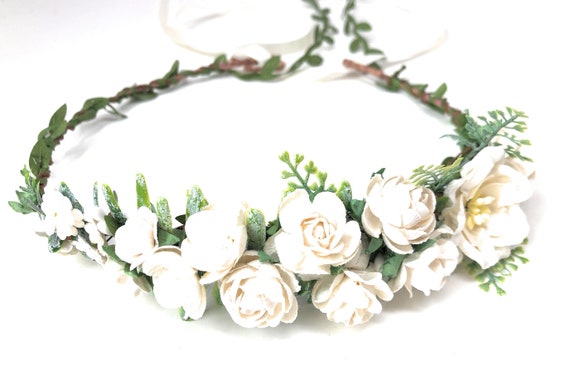 DavlyaWeddings White Flower Crown Wedding Bridal Floral Crown Bridesmaids Flower Headband for Adult Maternity Shoot Boho Flower Crown Summer Flower Crown