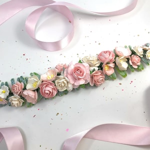 Pink & White Floral Sash: Handmade Mulberry Paper Flower Belt