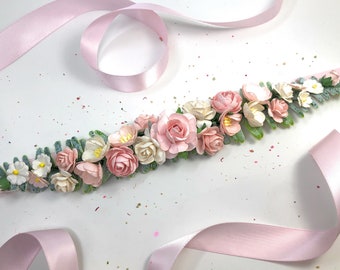 Floral Sash for Dress, Pink and White Flower Belt for Flower Girls, Bridal Flower Belt, Wedding Flower Sash, Floral Belt for  Bridesmaids