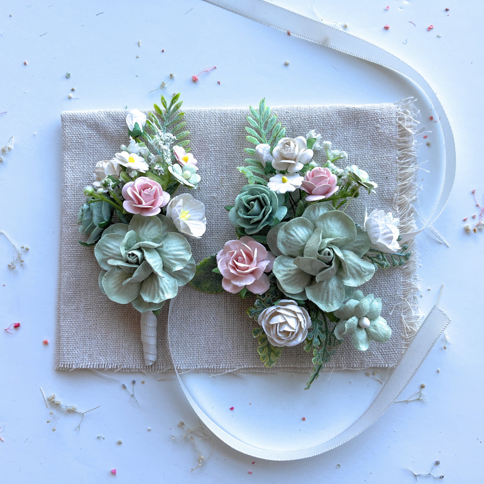 Sage Green Corsage and Boutonniere Set: Wedding Floral Accessories - Etsy