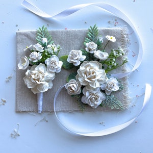 White Rose Boutonniere and Corsage Set: Handmade Wedding Flowers