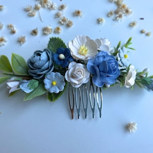 Blue Flower Hair Comb: Wedding Hair Piece with Roses & Peonies