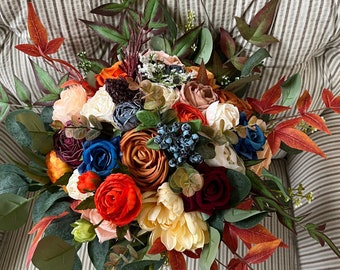 Ramo de novia rústico de otoño: flores de novia color naranja terracota
