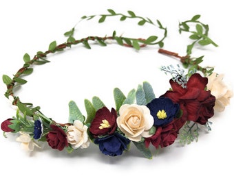 Bourgogne de couronne florale, casque de fleur, couronne nuptiale, adulte de couronne de fleur, couronne florale pour la mariée, couronne de fleur de mariage, quelque chose de bleu