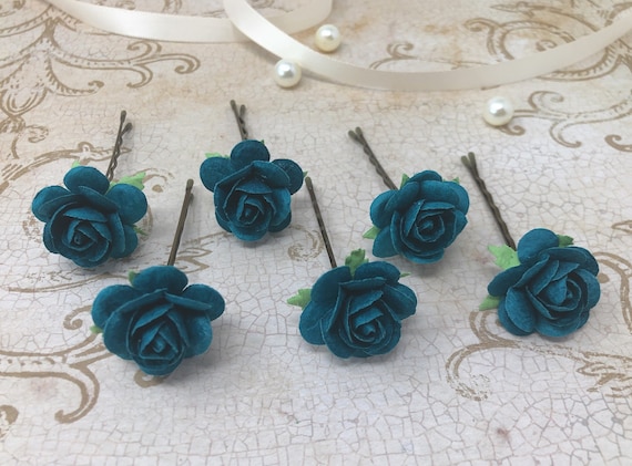 teal flower hair clips