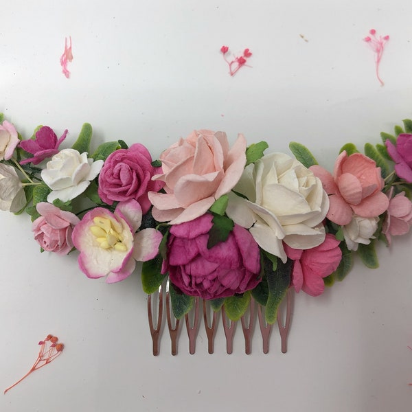 Hair comb pink, flower headpiece, hot pink wedding, pink boutonniere, pink flower crown, floral hair comb, rose flower head piece accessory