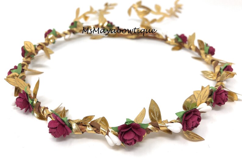 Burgundy and Gold Flower Crown Gold Leaf Flower Crown Greek Etsy