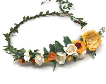 Sunflower Flower Crown: Autumn Wedding Headband with Satin Ribbon