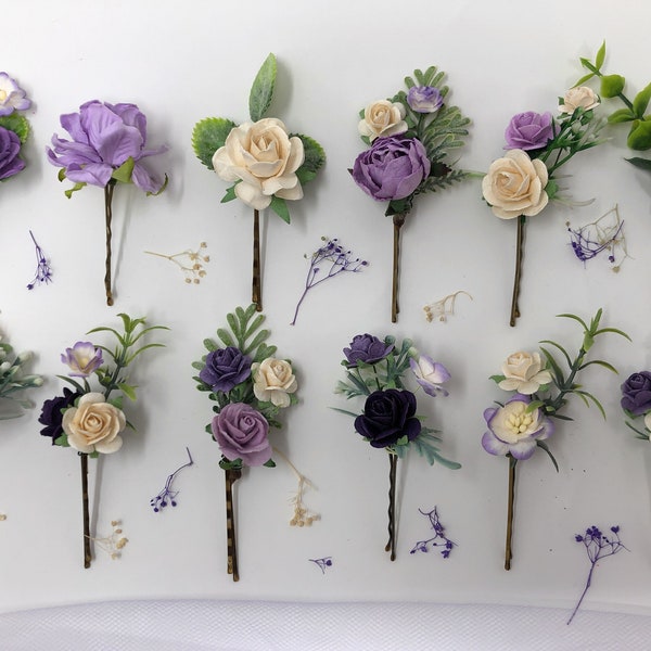 Lavender flower hair clips, purple hair pins, bridal hair pieces, flower hair bobby pins, wedding flower clips, bridal rose hair clips