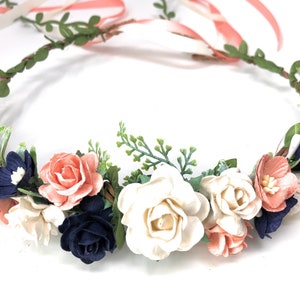 Flower Crown Peach Floral Headband Greenery Wedding Hair Wreath Artificial Halo Flower Crown Navy Blue Bridesmaids Crown Hair Accessories