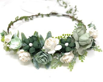 Corona de flores verdes salvia Corona de pelo de boda Corona de niña de flores Corona floral nupcial boho Corona de hadas Diadema ajustable Accesorios para fotos de mujeres