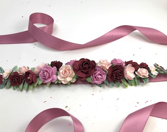 Burgundy Floral Wedding Dress Sash: Handmade Mulberry Paper Flower Belt
