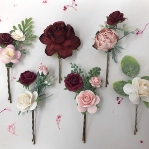 Flower hair pins, burgundy hair pins, floral hair piece, rose bobby pins, fall flower hairpins, wedding rose clips, bridal clips,