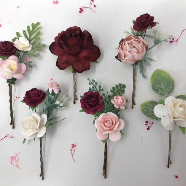 Flower hair pins, burgundy hair pins, floral hair piece, rose bobby pins, fall flower hairpins, wedding rose clips, bridal clips,