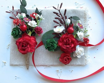 Red Boutonniere and Corsage Set Winter Wedding Boutonniere Christmas Holiday Best Man Buttonhole Classic Rose Boutonniere for Men