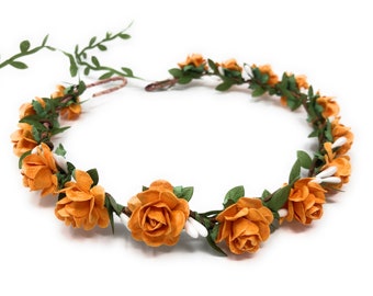 Orange flower crown, fall flower girl crown, flower headband autumn, flower crown wedding, flower wreath for hair, bridesmaid flower crown