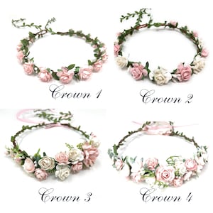May include: Four floral crowns with pink and white flowers and green leaves. The crowns are labeled "Crown 1", "Crown 2", "Crown 3", and "Crown 4".