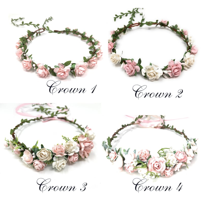 May include: Four floral crowns with pink and white flowers and green leaves. The crowns are labeled "Crown 1", "Crown 2", "Crown 3", and "Crown 4".