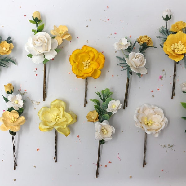 Yellow flower hair clips, bridal hair pieces, wedding bobby pin, rose hair pins set, flower hair comb, floral hair clips, hairpins