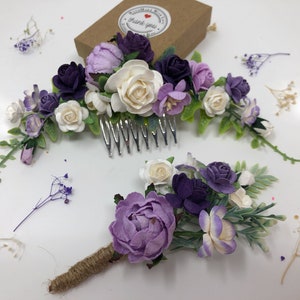 Purple flower hair comb, floral hair piece, purple boutonniere, wedding flower hair comb, bridal hair comb, wedding comb, flower head wear imagem 2