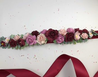 Burgundy Flower Sash, Bridal Flower Belt, Bridal Flower Sash, Wedding Floral Belt, Flower Sash for Bridesmaid, Floral Belt for Flower Girl