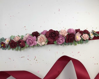 Burgundy Flower Bridal Sash: Handmade Floral Wedding Belt