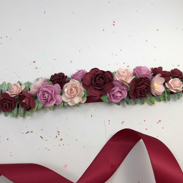 Burgundy Flower Sash, Bridal Flower Belt, Bridal Flower Sash, Wedding Floral Belt, Flower Sash for Bridesmaid, Floral Belt for Flower Girl