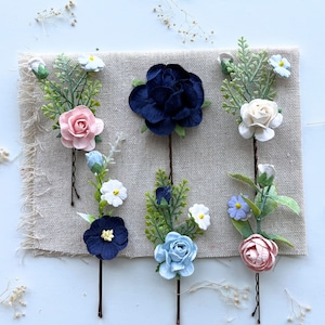 Navy Blue Flower Hair Clips: Bridal Hair Accessories