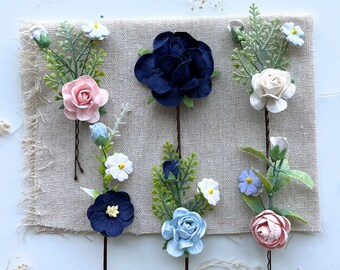 Navy Blue Flower Hair Clips: Bridal Hair Accessories