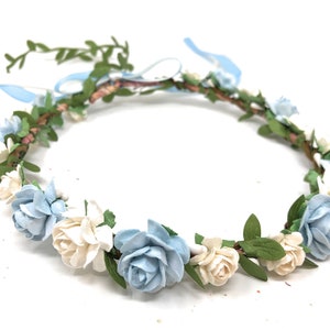 Light Blue Flower Girl Crown: Floral Headband with Satin Ribbon