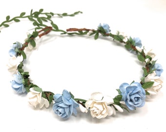 Flower crown blue, baby flower headband, flower headpiece, blue and white flower crown, toddler flower crown, blue flower wedding crown