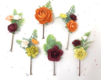 Fall flower hair pins, orange hair clips, autumn flower hair clips, wedding accessories, flower hair bobby pins, mustard wedding flower clip