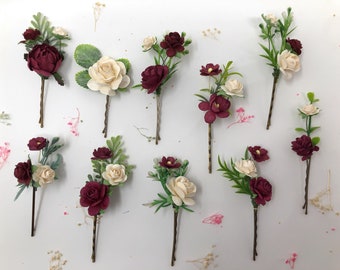 Flower hair clips, ivory and burgundy flower hair pins, wedding hair clips, bridal hair pins, floral hair piece, rose clips, bobby pins