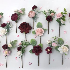 Wedding flower hair pins, white blush and burgundy flower hair pins, wedding hair clips, bridal hair pins, floral hair piece, rose bobby pin