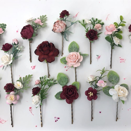 Flower Hair Pins Burgundy Bridal Hair Pins Rose Clips Etsy