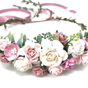 Dusty rose flower crown, pastel wedding flower headpiece, flower girl crown, boho floral hair crown, artificial floral headband, hair crown