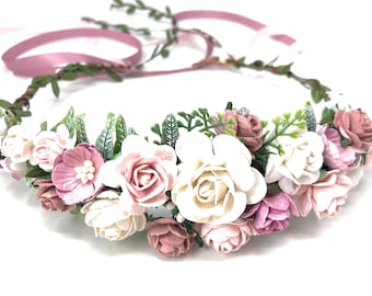 Dusty rose flower crown, pastel wedding flower headpiece, flower girl crown, boho floral hair crown, artificial floral headband, hair crown