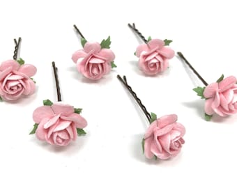Pink Rose Bobby Pins: Small Flower Clips, Wedding Bridal Hair Clips