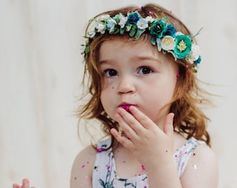 Teal Flower Crown Baby Girl Flower Headband Wedding Floral Wreath Gift for Flower Girls Halo Headpiece Bridesmaids Headpiece