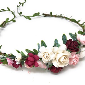 Coroa de flores Borgonha Coroa de cabelo Halo Casamento Floral Faixa de cabeça Rosa Penteado decorativo Romântico Headwear